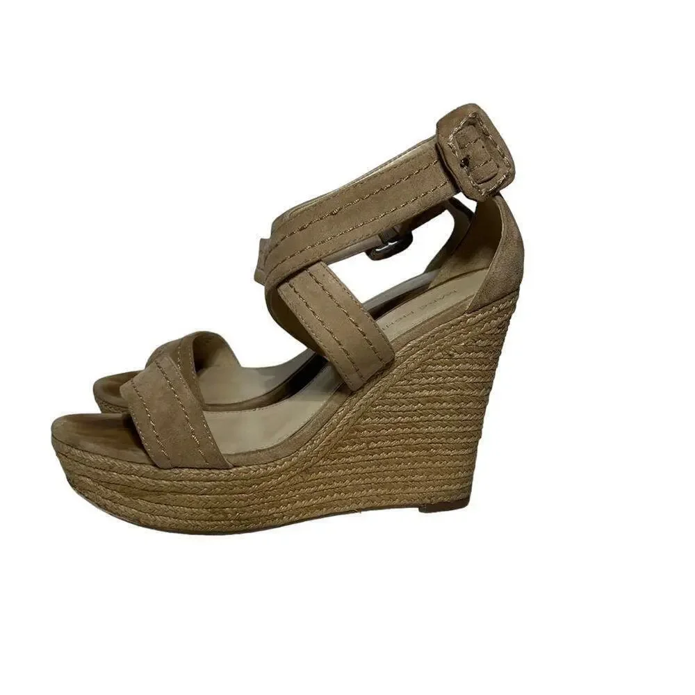 Marc Fisher Haely Nude Beige Suede Wedge Heel Espadrille Sandal Shoes Size 8